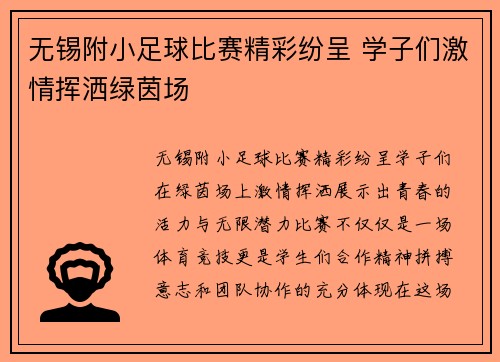 无锡附小足球比赛精彩纷呈 学子们激情挥洒绿茵场