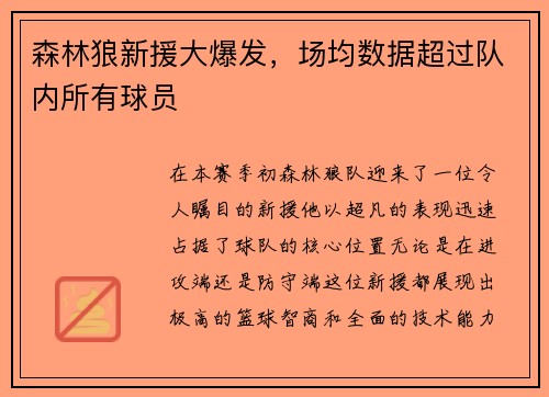 森林狼新援大爆发，场均数据超过队内所有球员