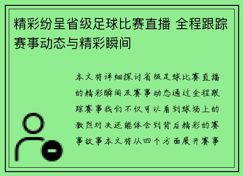 精彩纷呈省级足球比赛直播 全程跟踪赛事动态与精彩瞬间