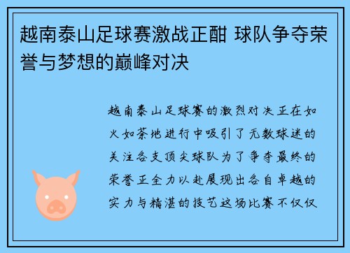 越南泰山足球赛激战正酣 球队争夺荣誉与梦想的巅峰对决