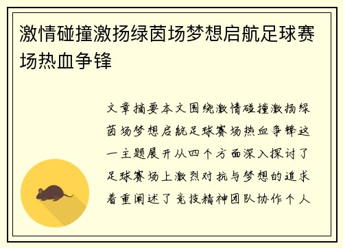 激情碰撞激扬绿茵场梦想启航足球赛场热血争锋