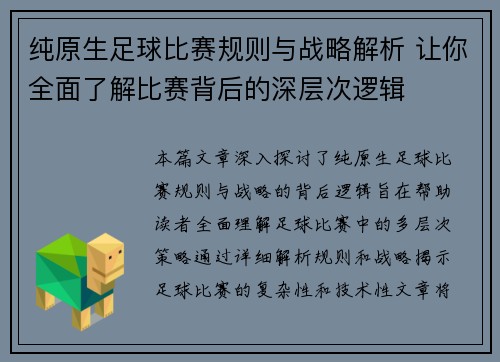 纯原生足球比赛规则与战略解析 让你全面了解比赛背后的深层次逻辑