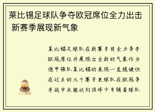 莱比锡足球队争夺欧冠席位全力出击 新赛季展现新气象