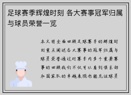 足球赛季辉煌时刻 各大赛事冠军归属与球员荣誉一览