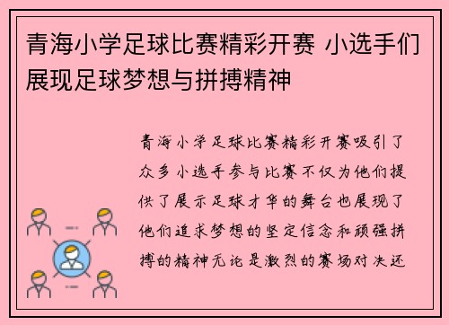 青海小学足球比赛精彩开赛 小选手们展现足球梦想与拼搏精神