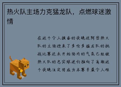 热火队主场力克猛龙队，点燃球迷激情