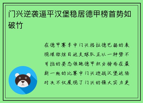 门兴逆袭逼平汉堡稳居德甲榜首势如破竹