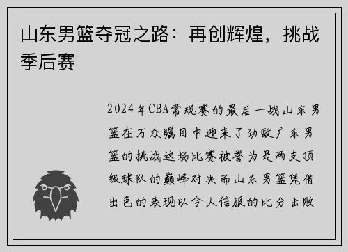 山东男篮夺冠之路：再创辉煌，挑战季后赛