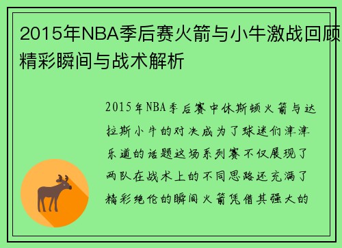 2015年NBA季后赛火箭与小牛激战回顾精彩瞬间与战术解析