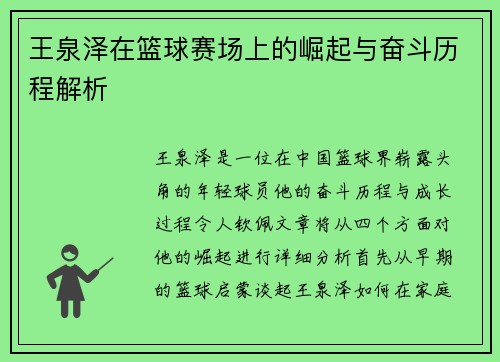 王泉泽在篮球赛场上的崛起与奋斗历程解析
