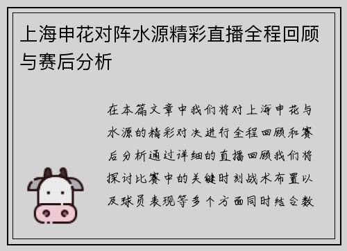 上海申花对阵水源精彩直播全程回顾与赛后分析