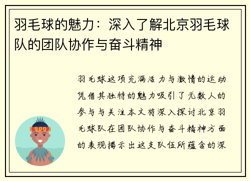羽毛球的魅力：深入了解北京羽毛球队的团队协作与奋斗精神