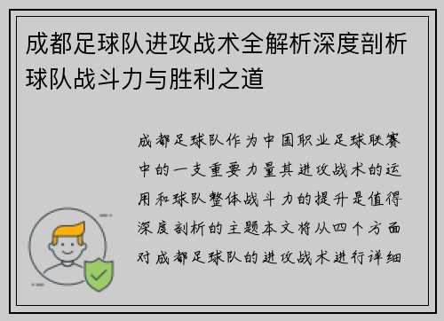成都足球队进攻战术全解析深度剖析球队战斗力与胜利之道